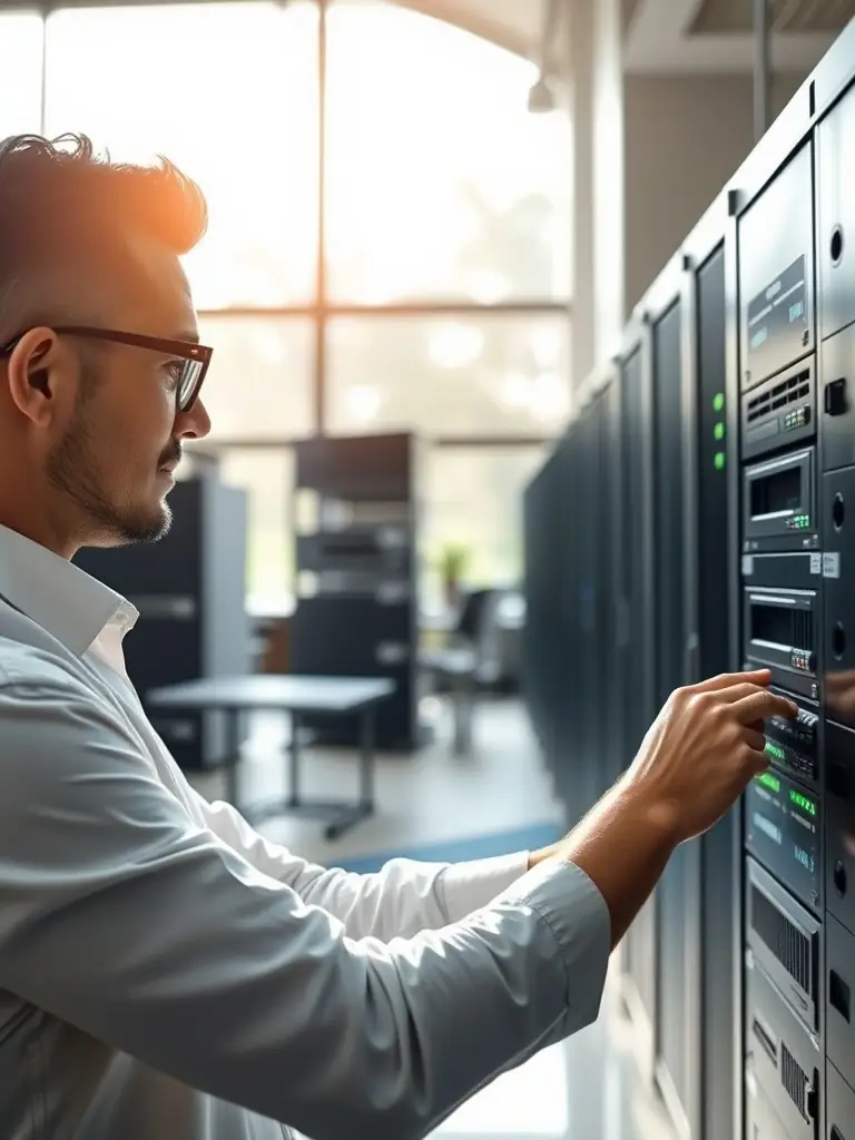 A cloud computing specialist configuring a cloud-based server for a small business, enabling scalable and cost-effective IT infrastructure.