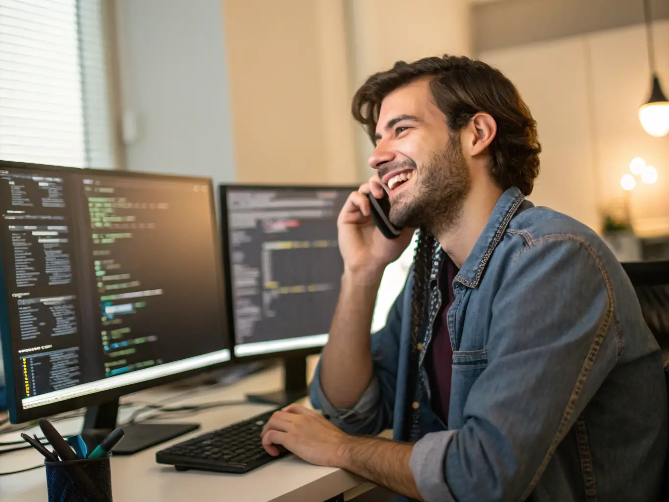 An image depicting a friendly IT support technician assisting a small business owner with a computer issue via remote access, showcasing personalized and efficient support.