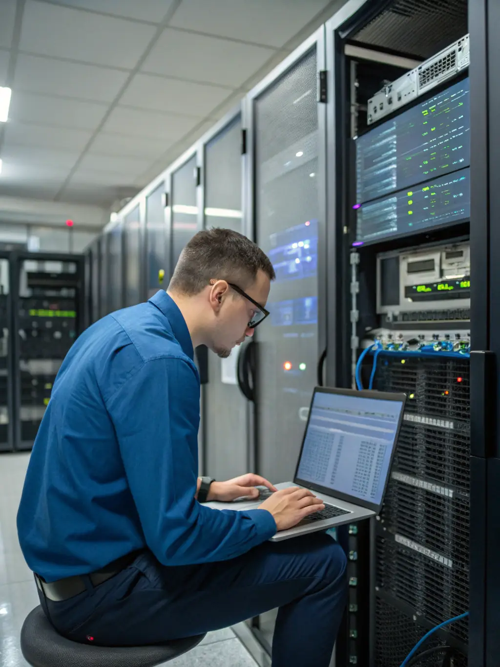 A professional photograph of a network administrator remotely managing a server room, showcasing the proactive monitoring and maintenance services provided by phelepsofl.