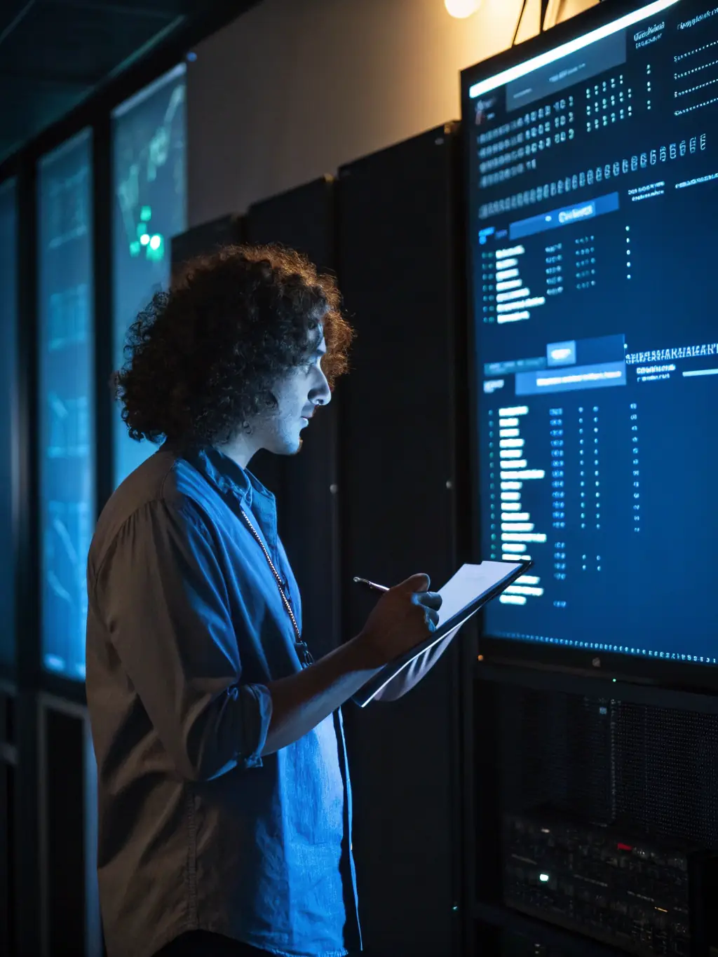 A network administrator remotely monitoring a server dashboard, ensuring optimal performance and security for a small business.